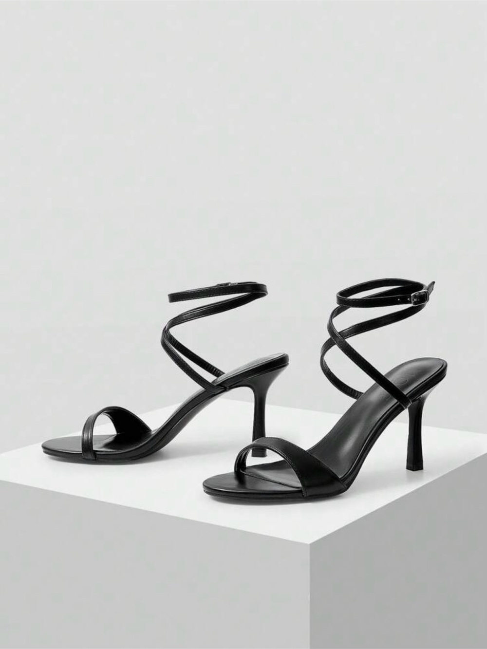 Strappy Black High Heel Sandals with Ankle Wrap